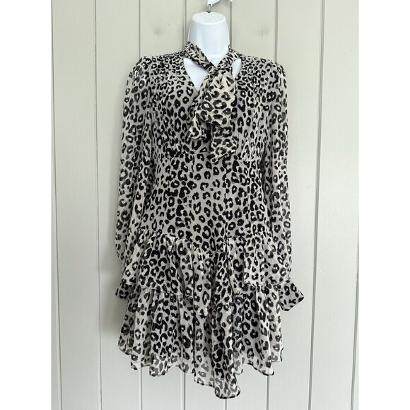 Bardot Mini Dress S Small Gray Black Georgette Leopard Print Ruffle Long Sleeve - Picture 1 of 7